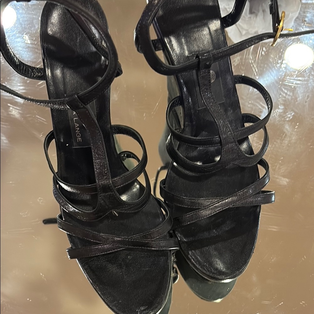Rena Lange Black High Wedge Heels with Strappy Design